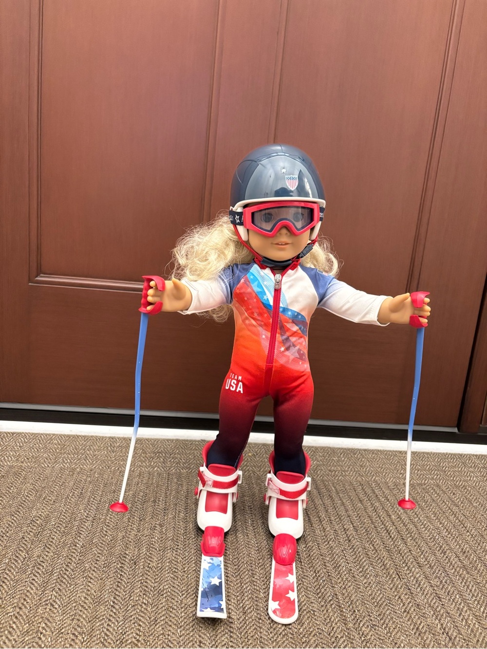 American Girl Red, Blue and White Ski Outfit with Helmet & Goggles